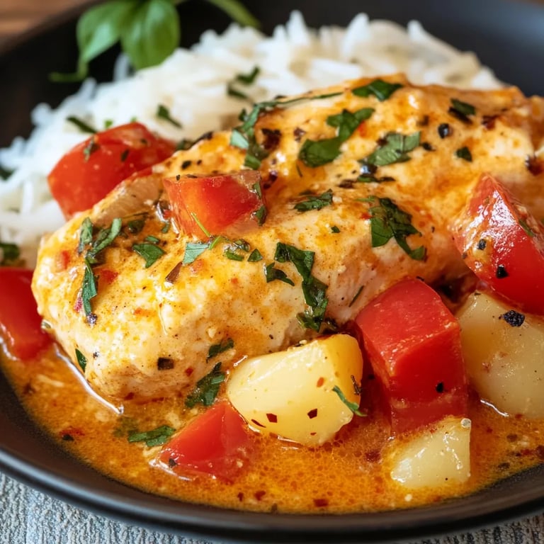 Paprika-Sahne-Hähnchen mit Reis