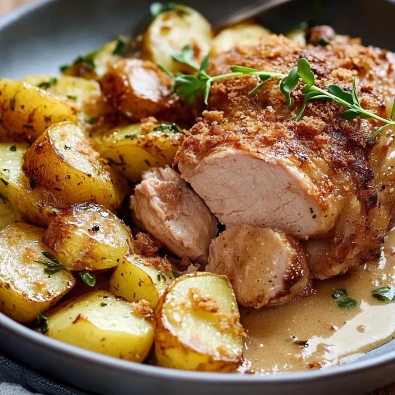 Saftiger Senfbraten mit Porree und Äpfeln