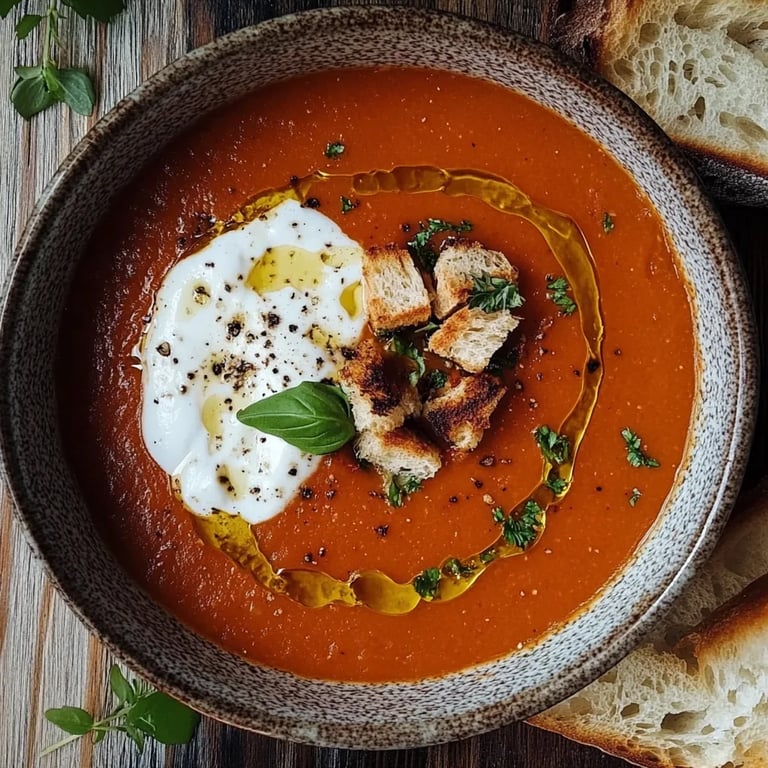 Ofengeröstete Tomatensuppe mit Burrata und Knoblauchbrot