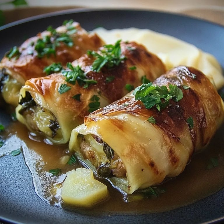 Vegetarische Kohlroulade mit Kartoffelpüree