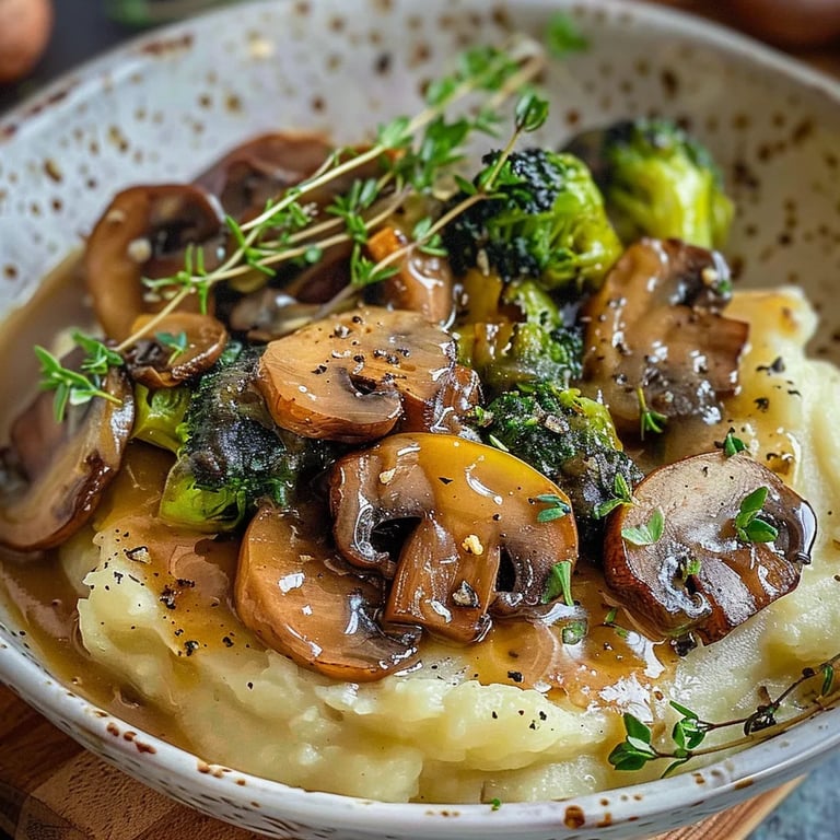 Pilzpfanne Rosenkohl Kartoffelpüree