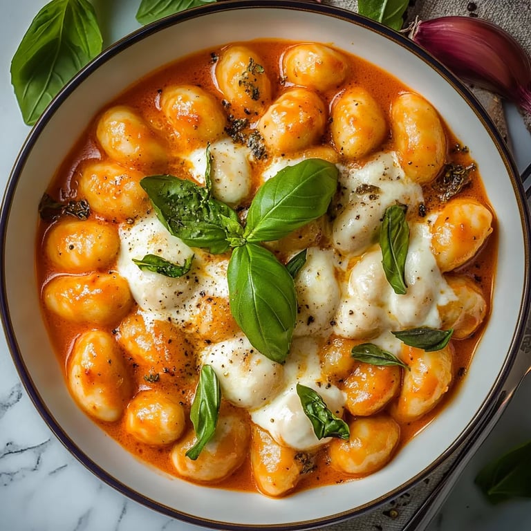 Gnocchi Pfanne mit Tomate, Mozzarella und Basilikum