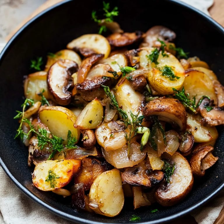 Kartoffelpfanne mit Rosenkohl und Champignons