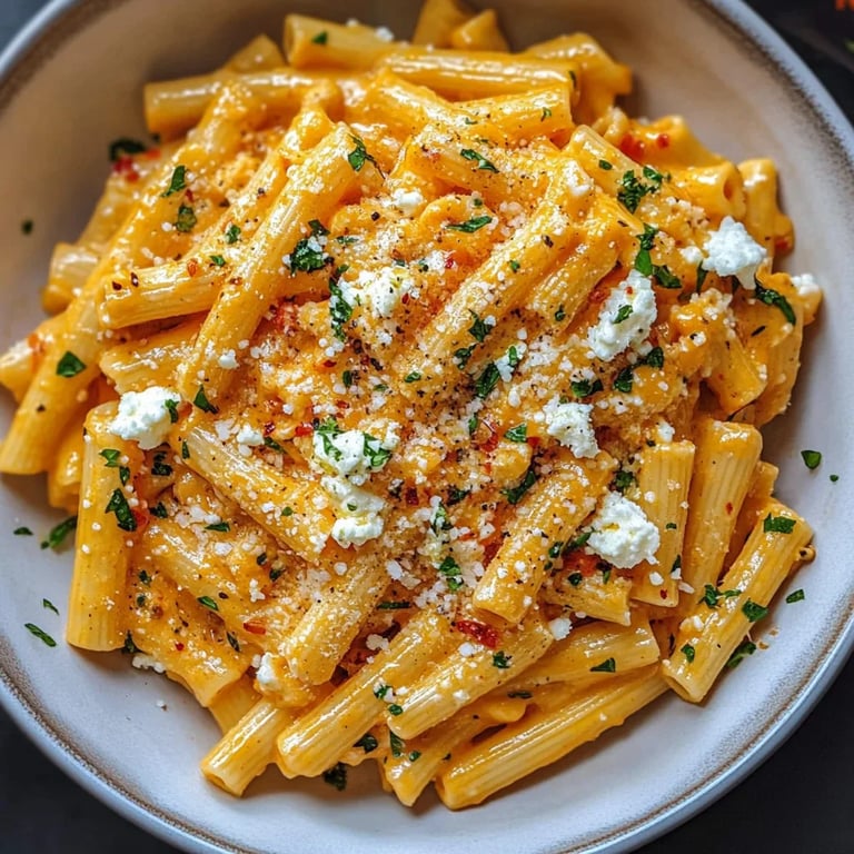 Pasta mit Kürbissoße und Feta