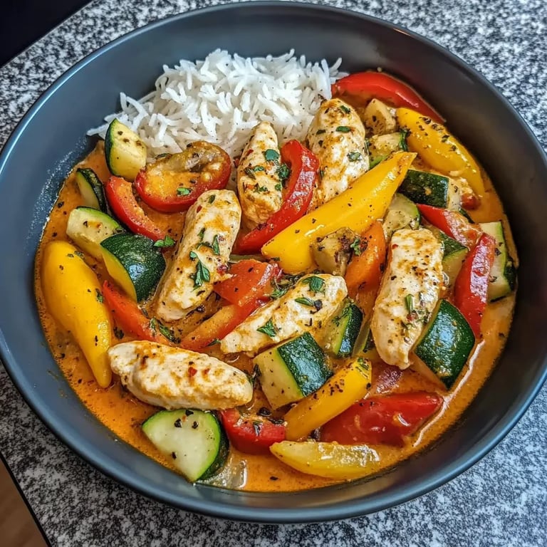 Cremiges Paprika-Zucchini-Hähnchen mit Jasminreis