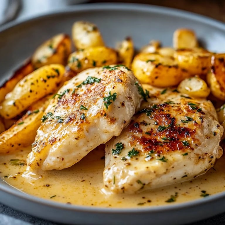 Hähnchenfilet in würziger, cremiger Knoblauch-Parmesan-Sauce mit Pommes