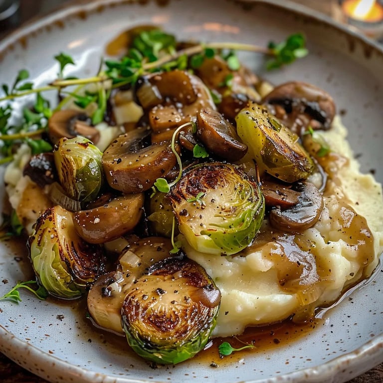 Pilzpfanne Rosenkohl Kartoffelpüree