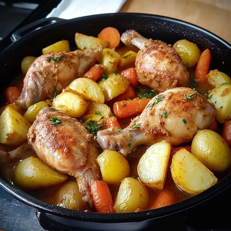 Hähnchenschenkel mit Gemüse und Kartoffeln aus dem Ofen