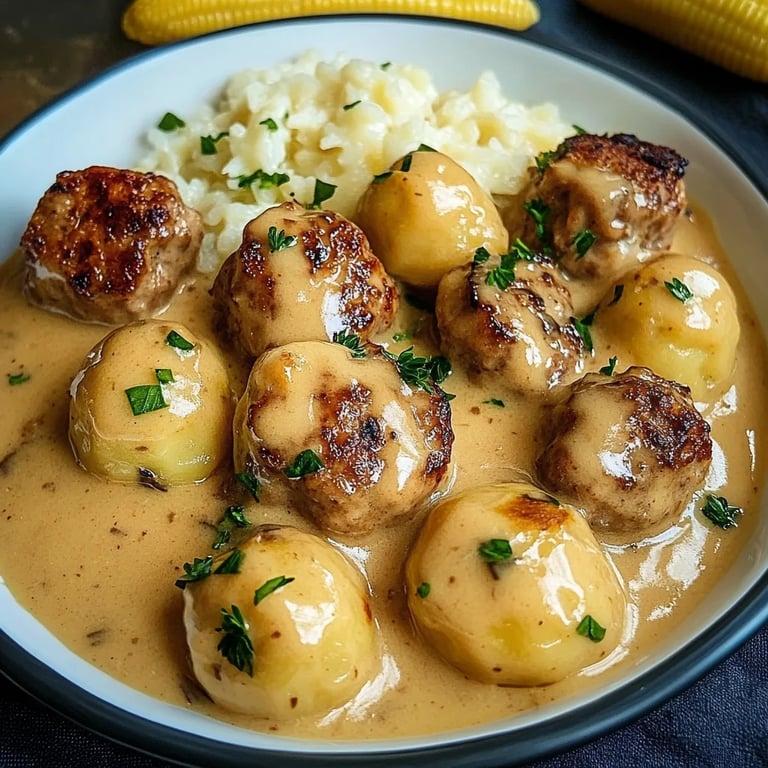 Hackbällchen in cremiger Sauce mit Kartoffelpüree