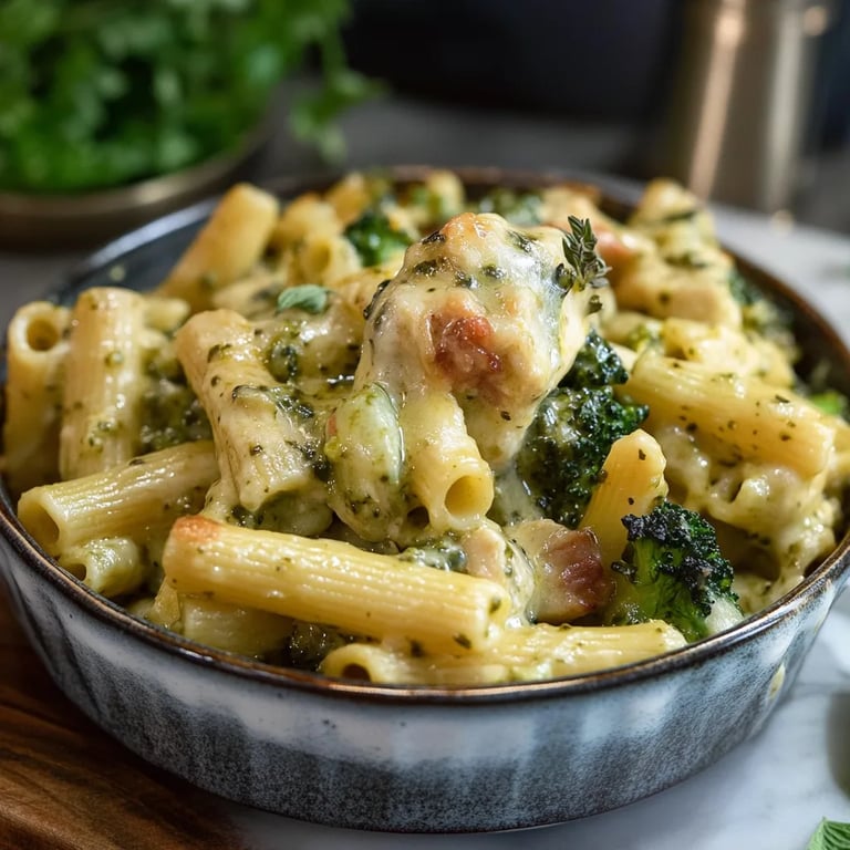 Creamy Pesto Chicken and Broccoli Pasta Bake