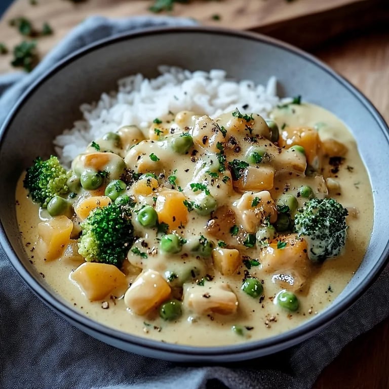 Reis mit Gemüse-Frischkäse-Sauce