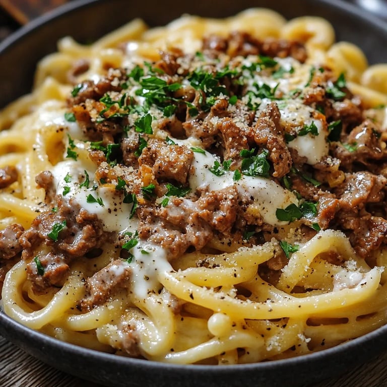 Türkische Pasta mit Hackfleisch und Joghurt-Sauce