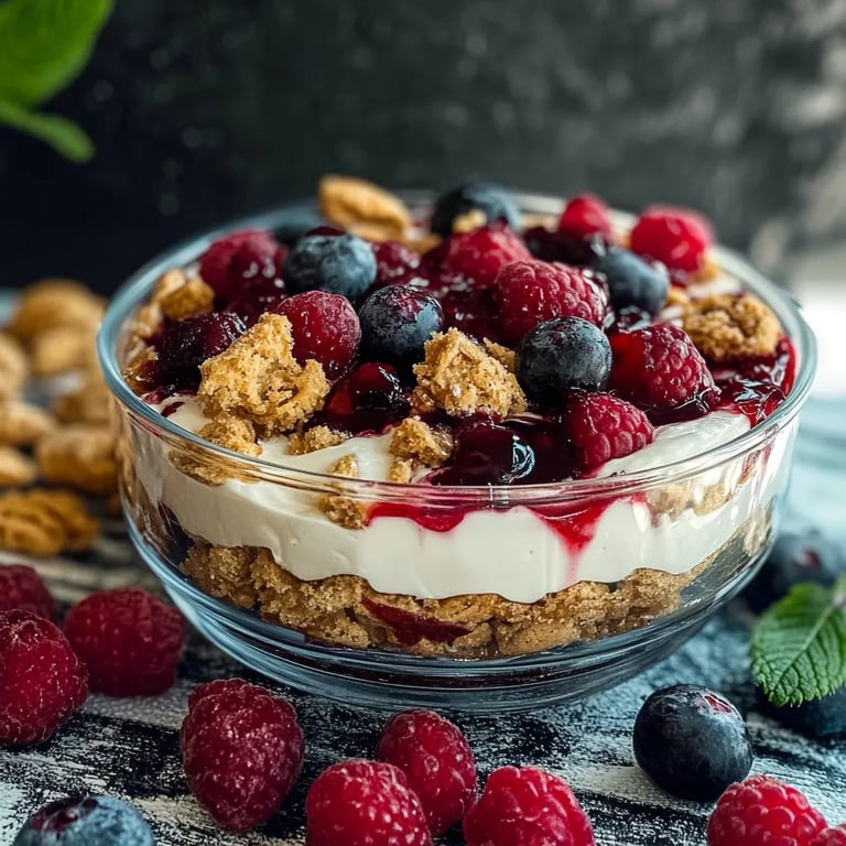 Schichtdessert mit Himbeeren und Keksen