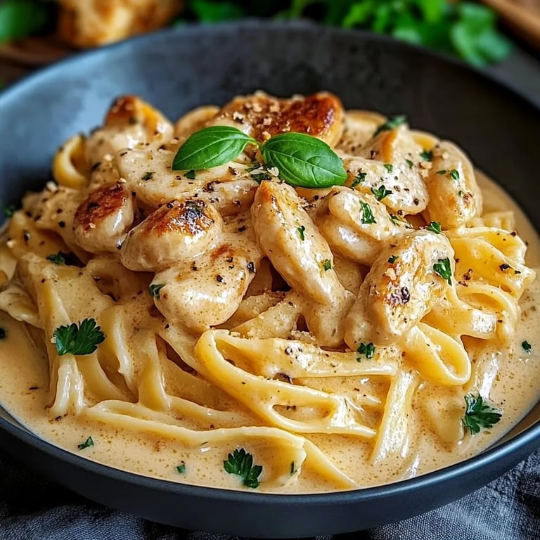 Zarte Hähnchenstreifen mit cremigen Nudeln in sahniger Sauce