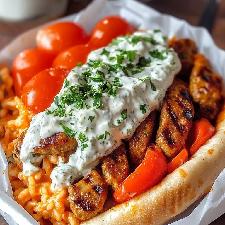 Tomaten-Kritharaki mit veganen Cevapcici und Tzatziki
