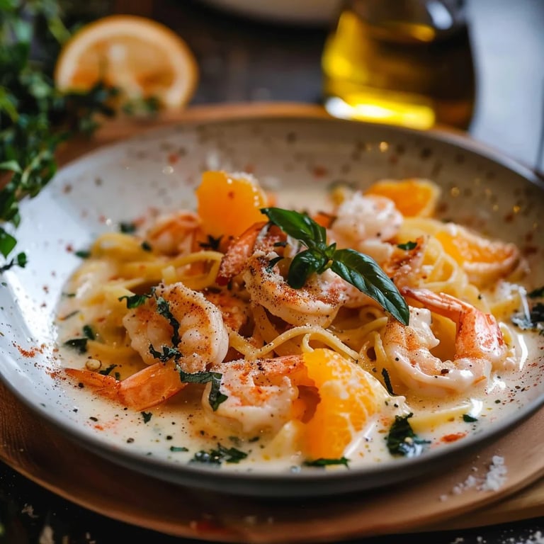 Festliche Stern Pasta mit Orangen Ricotta Sauce und Scampi