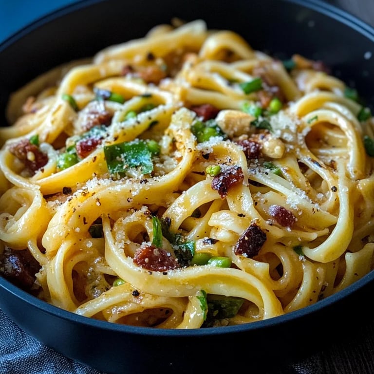 Cremige Nudelpfanne mit Brokkoli und Rinderbauchspeck