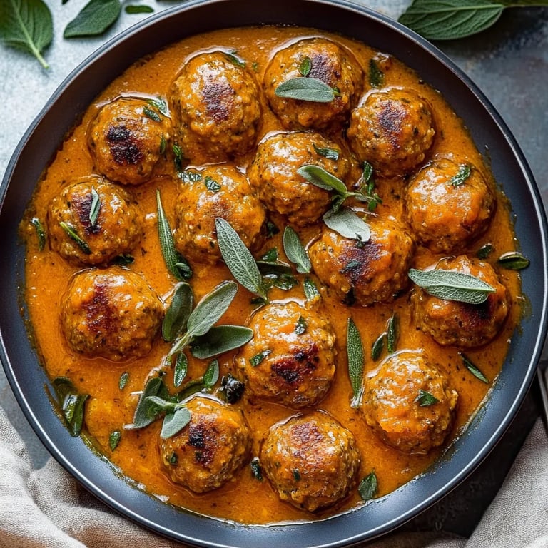 Putenfleischbällchen in Kürbis-Salbei-Sauce