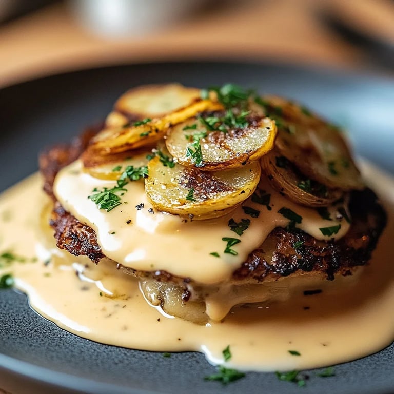 Mozzarella-Rösti mit Zwiebel-Pilzrahmsauce