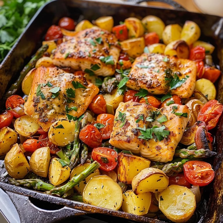 Salmón y patatas con verduras al horno