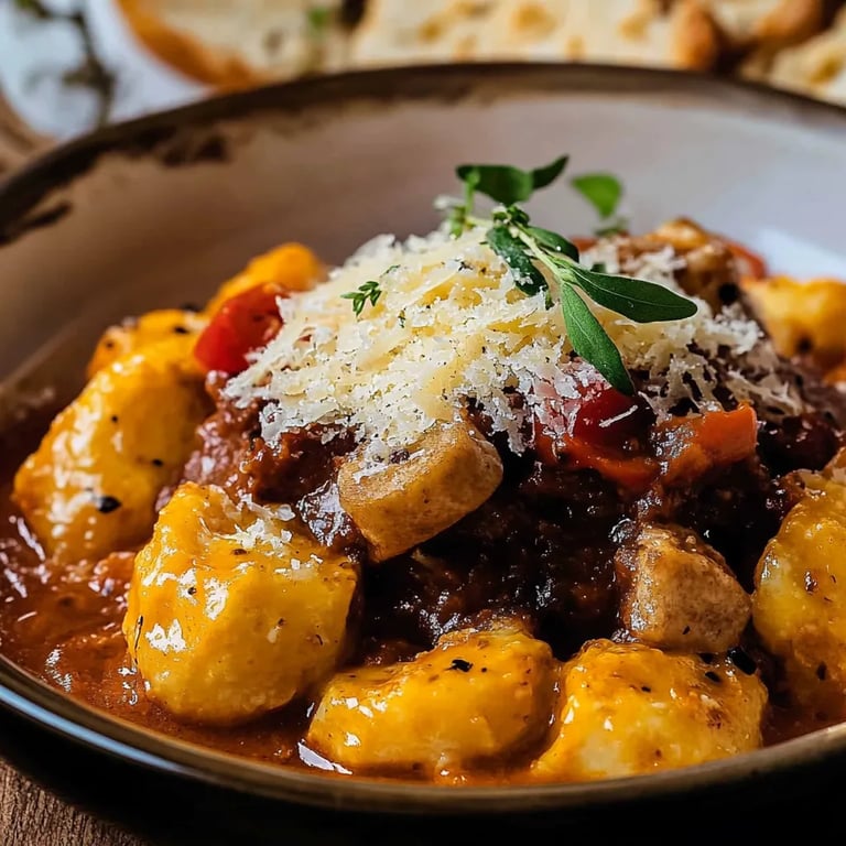 Hirschragout mit Kürbis-Ziegenkäsecreme und Parmesan Chips