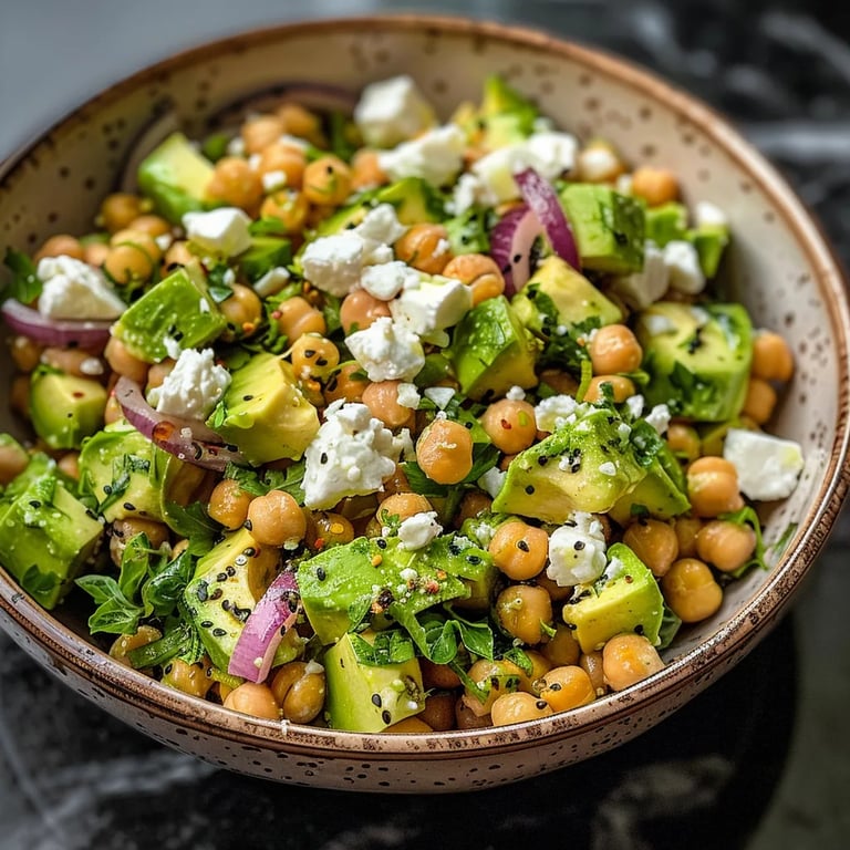 Ensalada de garbanzos, feta y aguacate