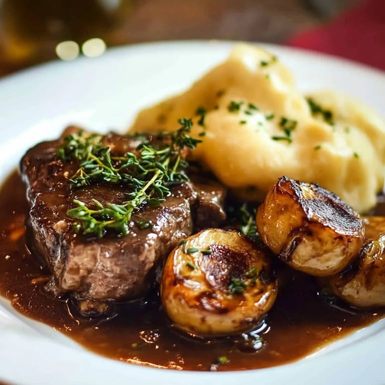 Rehgulasch mit Semmelknödel und Birne