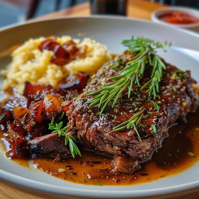 Boi braseado ao molho com purê caseiro