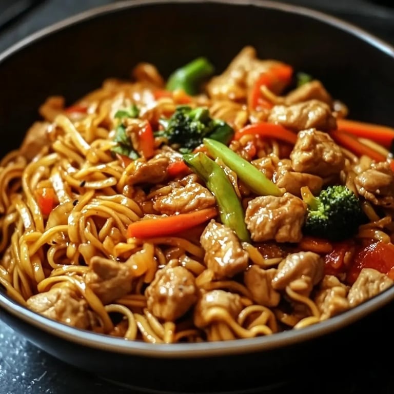 Gebratene chinesische Nudeln mit Hähnchen, Ei und Gemüse