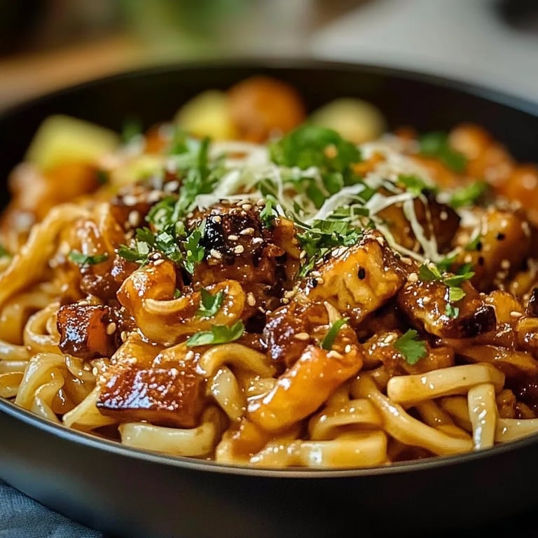 Gebratene Nudeln mit Hähnchen und Gemüse