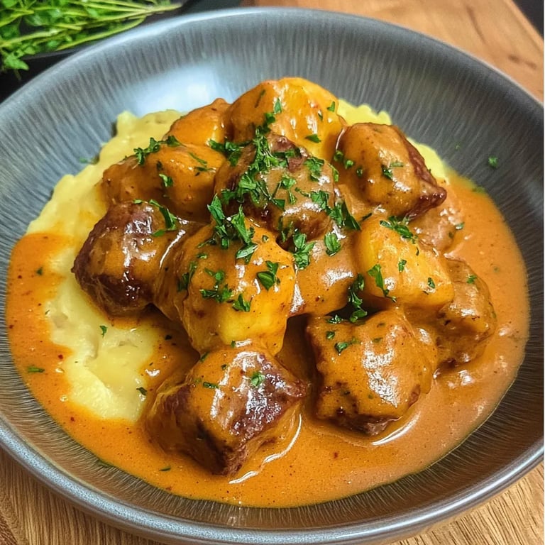 Hackbällchen in cremiger Sauce mit Kartoffelpüree