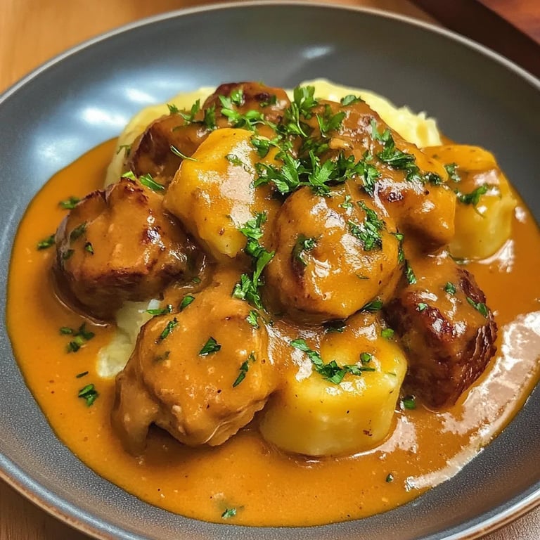 Hackbällchen in cremiger Sauce mit Kartoffelpüree