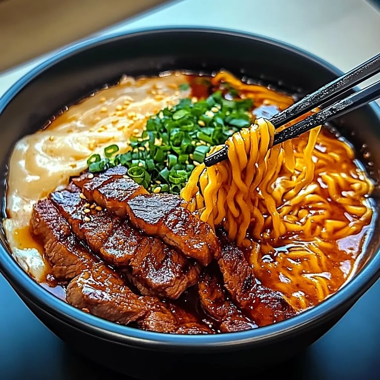 Spicy Korean Ramen with Grilled Beef & Creamy Sauce