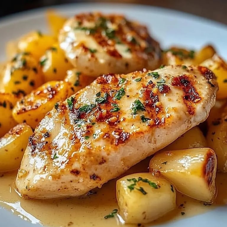 Hähnchenfilet in würziger, cremiger Knoblauch-Parmesansauce mit Pommes