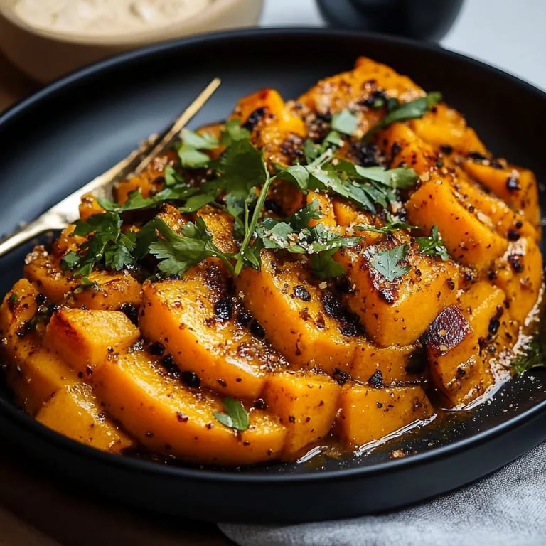 Gebackener Butternut-Kürbis auf Curry-Feta-Honig-Creme und Knoblauchbrot