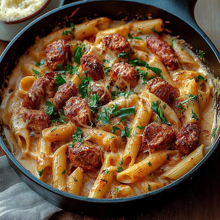 Krämig Cajun-korvpasta i en gryta: Ett fantastiskt, ultimat recept