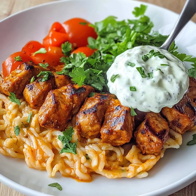 Tomaten-Kritharaki mit veganen Cevapcici und Tzatziki