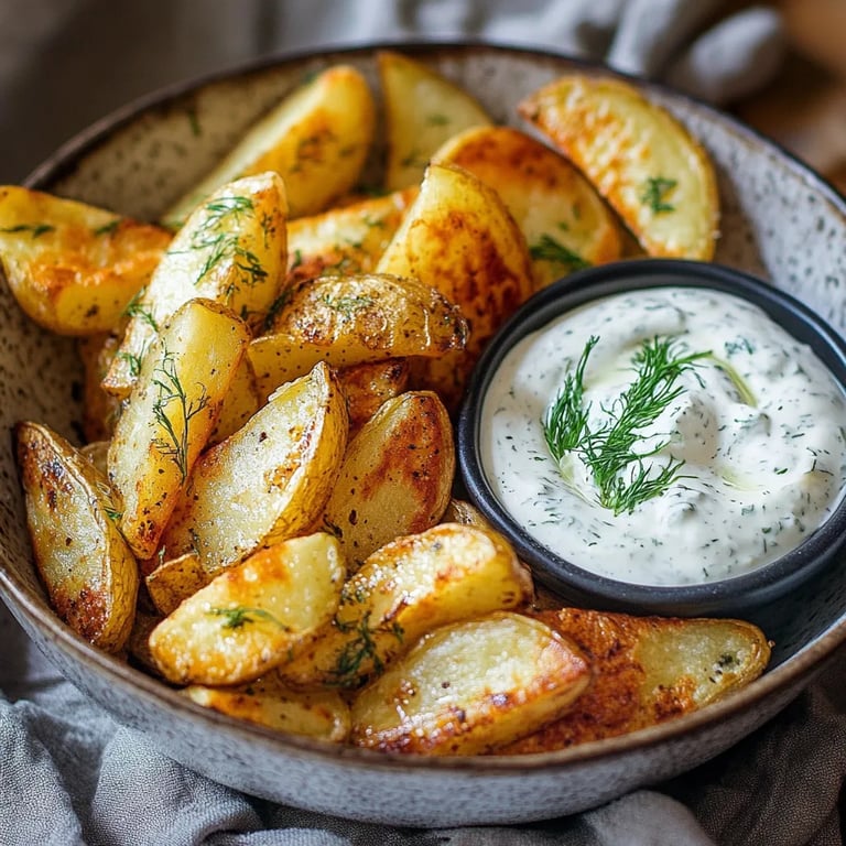 Kartoffelspalten mit Gurkendip