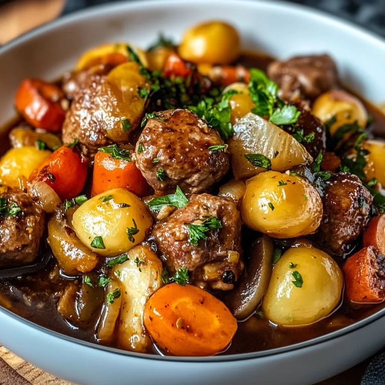 Deftiger Rosenkohleintopf mit würzigen Hackbällchen und Gemüse