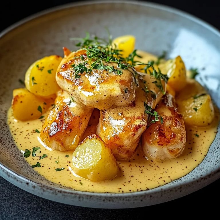 Butterhühnchen mit Knoblauchsauce und knusprigen Pommes