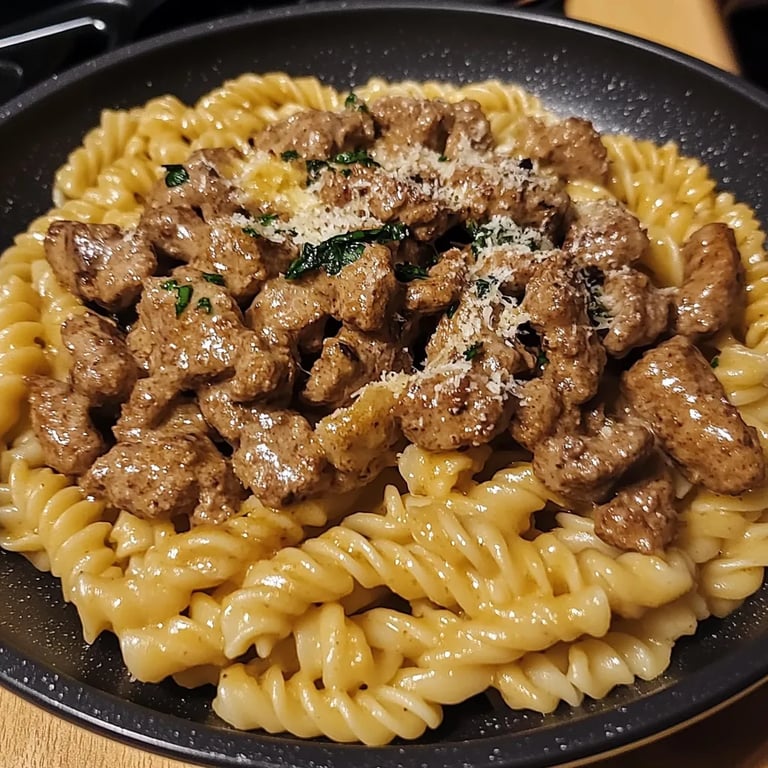 Krämig, kryddig vitlökssmörbiff och pasta i en gryta: Ett underbart ultimat recept