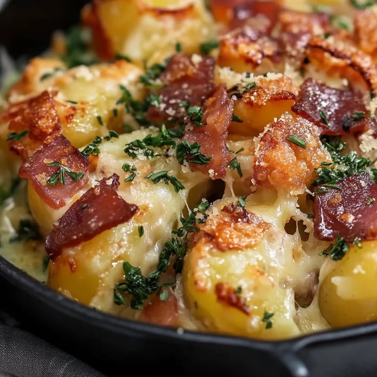 Kartoffelauflauf mit Rosenkohl und Speck