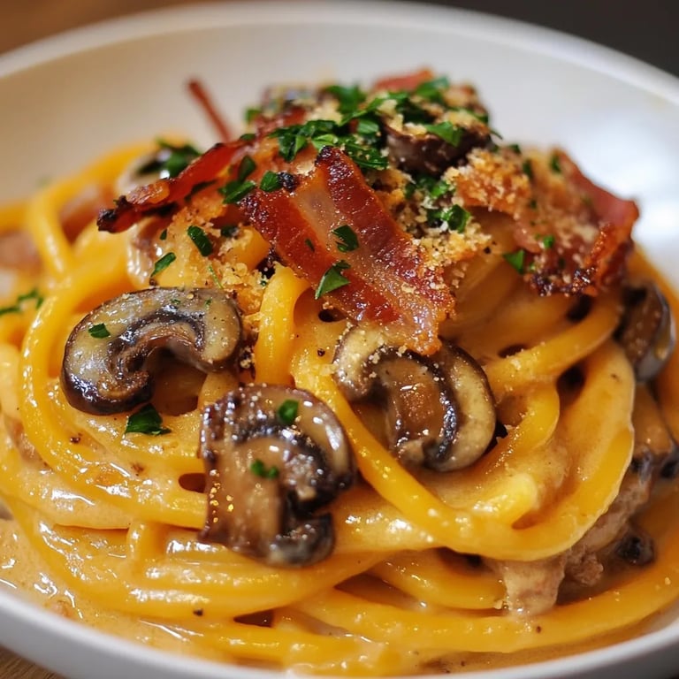 Pumpkin & Mushroom Spaghetti with Crispy Bacon