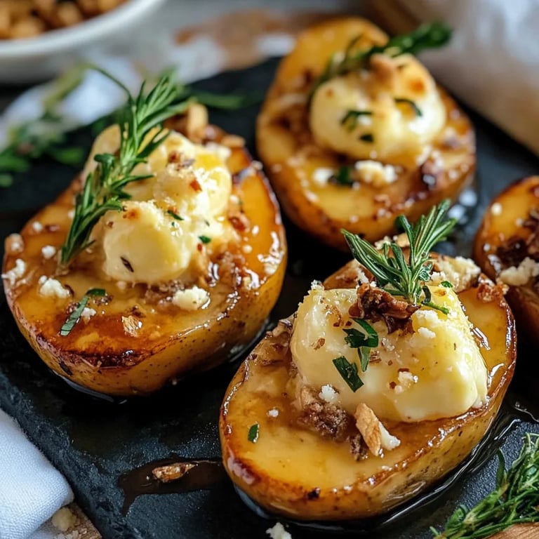 Warme Birnenhälften mit Ziegenkäse und frischem Rosmarin