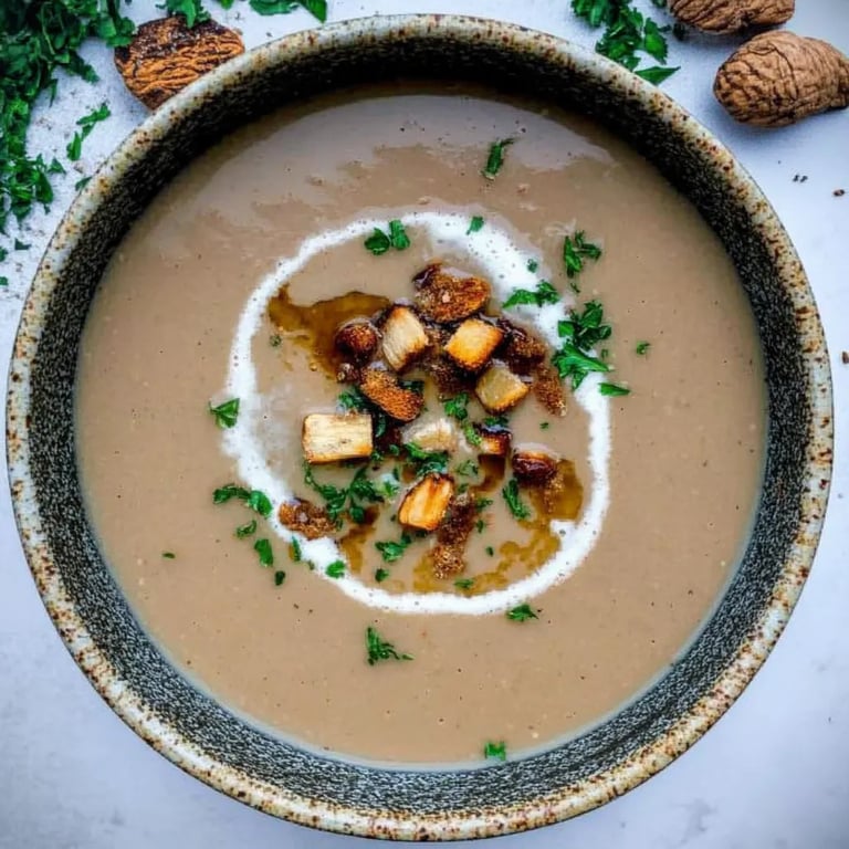 Maronensuppe mit Chilinüssen und Zimt-Tonka-Croutons