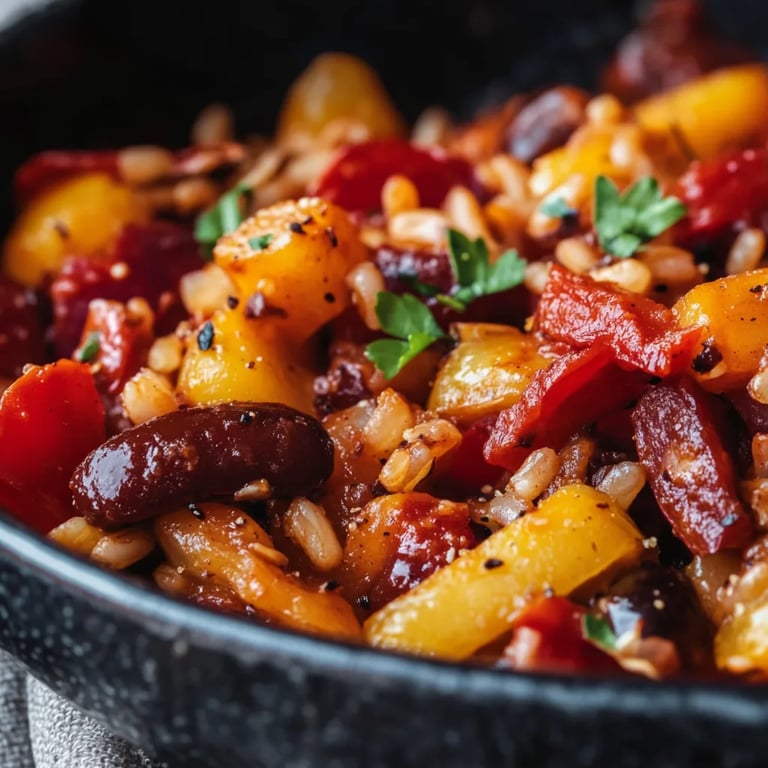Vegetarische Reispfanne mit Kidneybohnen, Mais und Paprika