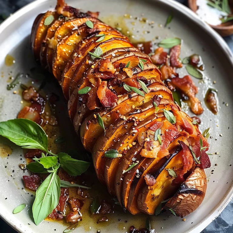 Roasted Hasselback Sweet Potatoes With Bacon Maple Brown Butter
