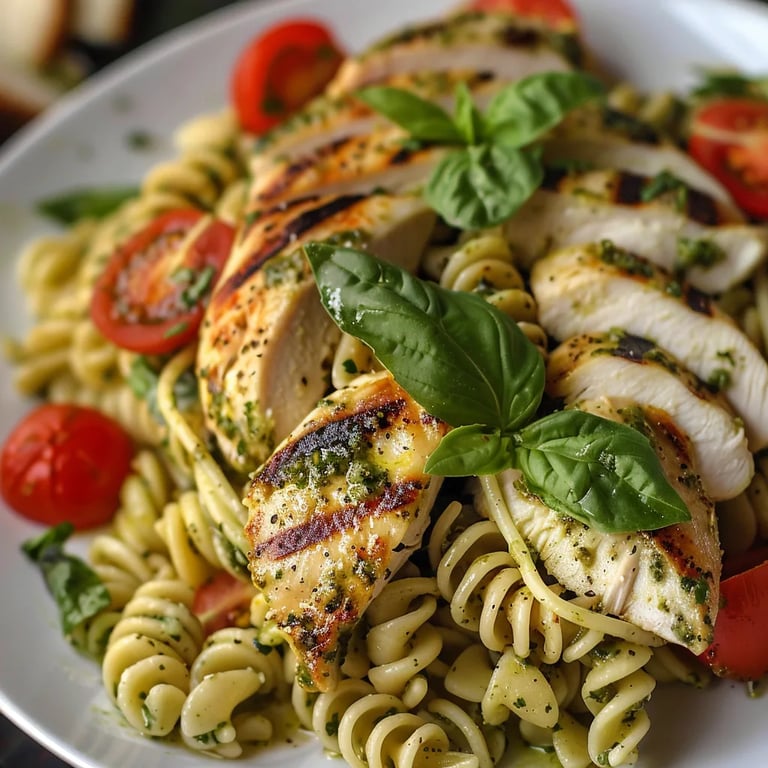 Ensalada de pasta con pollo al pesto fácil