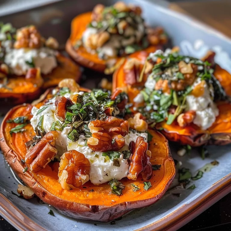 Roasted Sweet Potatoes Rounds w/ Ricotta and Walnuts