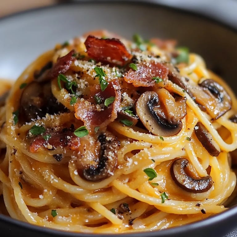 Pumpkin & Mushroom Spaghetti w/ Crispy Bacon